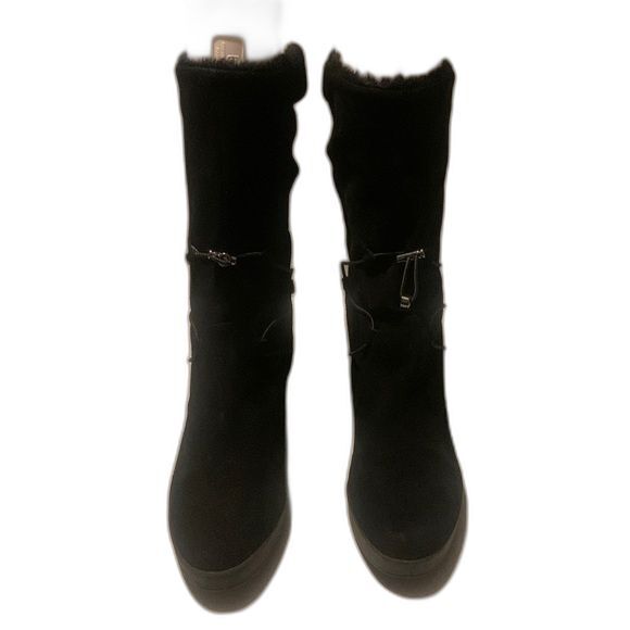 H by Halston Women's Leather Suede Black Boots with Faux Fur Size 10 Wedge - Picture 5 of 12